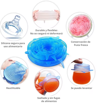 Set de 6 Tapas Elásticas Silicona Reutilizable