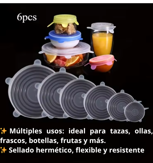 Set de 6 Tapas Elásticas Silicona Reutilizable